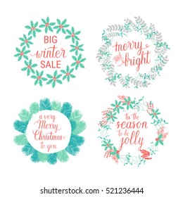 Merry and Bright, Happy Holidays, Happy New Year, Tis the season to be Jolly greeting cards set. Vector winter holidays wreaths with hand lettering calligraphic, tree branches. Christmas backgrounds.