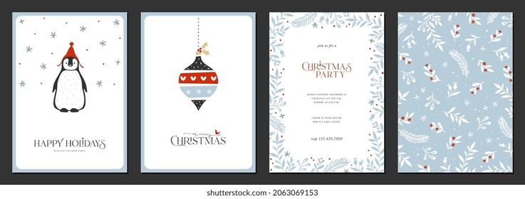 Merry and Bright Holiday cards. Modern creative universal artistic templates with Christmas Ornament, penguin, birds, floral frames and backgrounds.