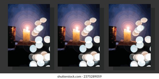 Merry and Bright Holiday cards.white colored wax candle with some blue light on it and black colored empty coffee mug with it on some brown colored old books and bokeh and light of Christmas.