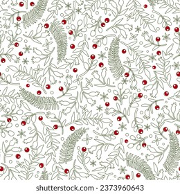 Merry and Bright Holiday Pattern. Christmas Universal Creative Seamless Pattern with Leaves and Berries in Trendy Linear Style. Winter Artistic Template Background. Vector