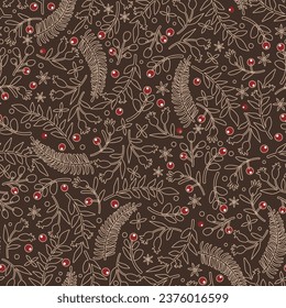 Fröhliches und helles Urlaubsmuster. Weihnachten Universal Creative Seamless Muster mit Blättern und Berries im trendigen Linearstil. Winterkünstlerischer Vorlagenhintergrund. Vektorgrafik