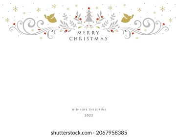 Merry and Bright Horizontal Holiday card. Christmas, Holiday template with Christmas Tree, floral motives, ornate banner or header and copy space.