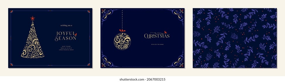 Merry and Bright Horizontal Holiday cards. Christmas, Holiday templates with ornate Christmas Tree, Christmas ornament, swirl frames with copy space, greetings, birds and floral background.