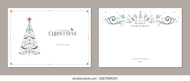 Merry and Bright Horizontal Holiday cards. Christmas, Holiday templates with greetings, Christmas Tree, bird, ornate banner or header and copy space.