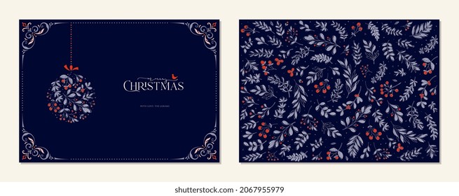 Merry and Bright Horizontal Holiday cards. Christmas, Holiday templates with ornate Christmas ornament, swirl frame with copy space, bird and floral background.