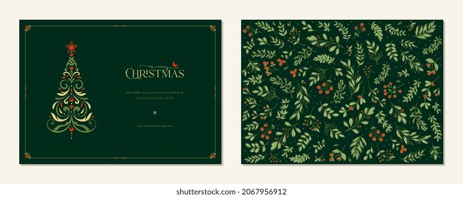 Merry and Bright Horizontal Holiday cards. Christmas, Holiday templates with ornate Christmas Tree, swirl frame with copy space, bird and floral background.