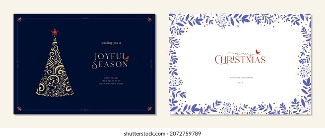 Merry and Bright Horizontal Holiday cards. Christmas, Holiday templates with ornate Christmas Tree, floral frame with copy space, birds and greetings.