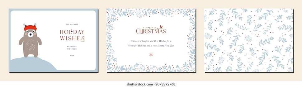 Merry and Bright Horizontal Holiday cards. Christmas, Holiday templates with greetings, bear, bird, ornate floral frame with copy space and floral background.