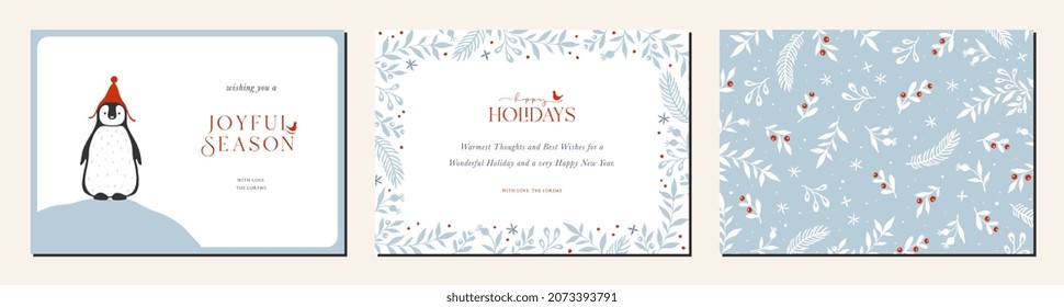 Merry and Bright Horizontal Holiday cards. Christmas, Holiday templates with greetings, penguin, birds, ornate floral frame with copy space and floral background.