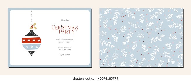 Merry and Bright Horizontal Holiday cards. Christmas, Holiday templates with decorative Christmas ornament, floral background, frame with greetings and copy space.