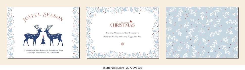 Merry and Bright Horizontal Holiday cards. Christmas, Holiday templates with Christmas tree, reindeers, bird, floral background and frames with greetings and copy space.