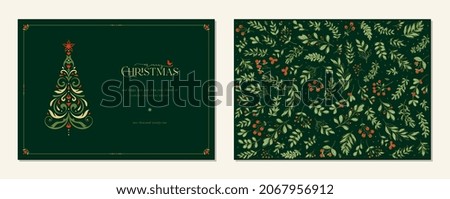 Merry and Bright Horizontal Holiday cards. Christmas, Holiday templates with ornate Christmas Tree, swirl frame with copy space, bird and floral background.