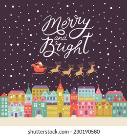 Merry and Bright lettering, Christmas background 