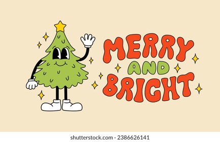 Merry and bright lettering and christmas tree. Vector illustration in retro groovy style. Holiday greeting card, banner