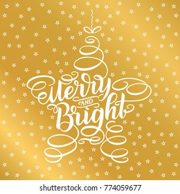 Merry and bright lettering framed in star tree toy. Hand drawn calligraphy lettering inspirational quotes. Merry Christmas greeting card. Happy New Year vector illustration. Typography holiday message