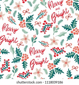 Merry and Bright lettering, mistletoes, leaves, bows, and christmas flowers. White background. Seamless vector pattern. Great for the Christmas season - greeting cards, gift wrap, fabric.
