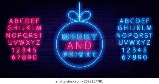 Emblema de neón de Merry y Bright. Feliz Año Nuevo. Marco de bola de árbol de Navidad. Publicidad colorida. Alfabeto azul brillante y rosa. Fiesta de diciembre. Pancarta brillante. Ilustración del vector