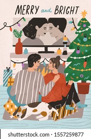 Merry and bright postcard vector template. Festive christmas poster design with typography. Happy couple watching romantic movie, cozy home recreation. People celebrating new year together.