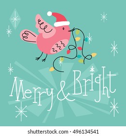 Merry and bright. Retro holiday card with cute bird in mid century modern style. Bright cartoon background with holiday symbols