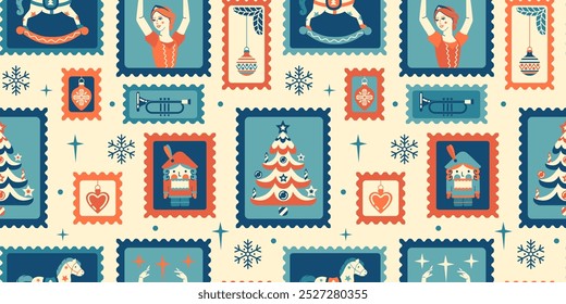 Merry and Bright seamless Christmas wallpaper. Whimsical pattern featuring festive stamps, vintage holiday symbols. Playful style wrap paper, background. Retro cream and warm palette