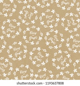 Merry and Bright seamless mistletoe Christmas flower wreath vector pattern on brown craft paper background. Multidirectional. For Christmas gift paper, party invite, page fill, greeting card, wrapping