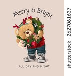 merry and bright slogan Christmas theme template with bear doll and Christmas wreath vector illustration