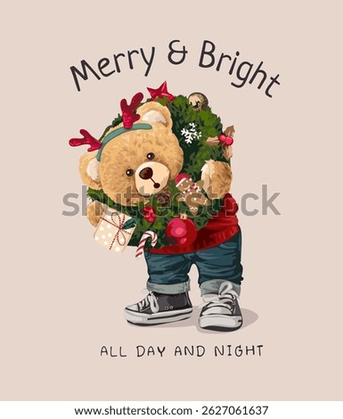 merry and bright slogan Christmas theme template with bear doll and Christmas wreath vector illustration