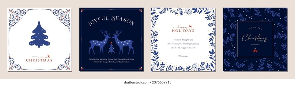 Merry and Bright Square Holiday cards. Christmas, Holiday templates with decorative Christmas Tree, reindeers, birds, floral background and frames with greetings and copy space.