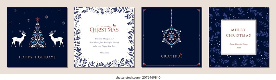 Merry and Bright Square Holiday cards. Christmas, Holiday templates with decorative Christmas ornament, snowflakes, Christmas tree, reindeers, birds, floral background, frames with greetings and copy.