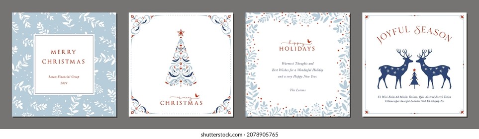 Merry and Bright Square Holiday cards. Christmas, Holiday templates with decorative Christmas Tree, reindeers, birds, floral background, ornate frames with greetings and copy space.