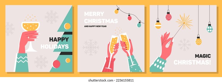 Merry and Bright Square Holiday cards. Christmas, Holiday templates with Christmas Tree, hands with glasses of champagne, sparklers, lanterns, Christmas decorations, greetings and copy space.