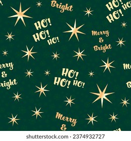 Merry And Bright Typography With Golden Stars In Seamless Surface Pattern On Green Background With Snowflakes. Great For Christmas Design.