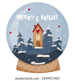 Merry and bright vector illustration of winter snow ball. Cute cartoon style sticker  for greeting cards