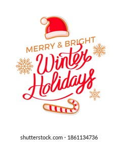 Merry and Bright, Winter Holiday greeting decorated by cookies of Santa hat and candy cane in stripes. Paper card with gingerbread in red vector