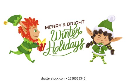 Merry and bright winter holidays caption, greeting card. Two elves greet people with christmas. Characters with presents and gifts for kids, santa claus helpers. Vector xmas illustration in flat style