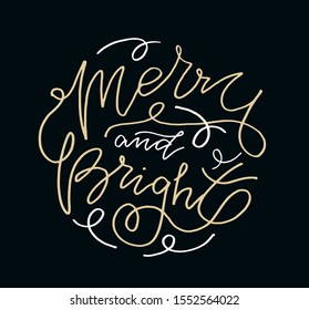 Merry and Bright - winter holidays - cute hand drawn lettering postcard template banner