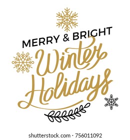 Merry and bright winter holidays poster with silver and gold snowflakes and tree branch. Stylish lettering writing on white background. Vector illustration of sale signboard winter discount