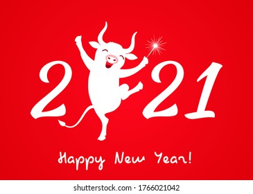 a merry bull with a sparkler dancing with the numbers 2021. Holiday card or congratulation on Chinese New Year! Vector illustration