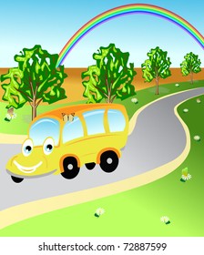 Merry bus rides on a road