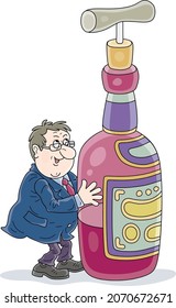 Merry businessman embracing a large bottle of wine and a corkscrew, vector cartoon illustration isolated on a white background