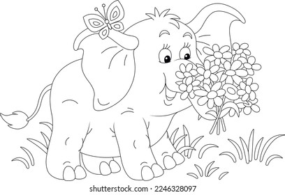 Merry butterfly and a friendly smiling cute little elephant with a bouquet of beautiful summer flowers, black and white outline vector cartoon illustration for a coloring book