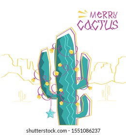 Merry cactus. Vector Merry christmas greeting card with cactus and American desert background illustration