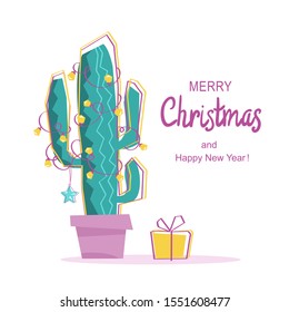 Merry cactus. Vector Merry christmas greeting card with cactus and text on white background illustration