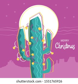 Merry cactus. Vector Merry christmas greeting card with American desert in winter night