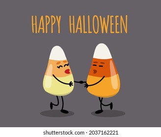 Merry Candy Corn merry greeting card for Halloween. Loving couple. Funny dancing candies, sweets in yellow, white and orange colors. Isolated vector stock illustration EPS 10 on gray background