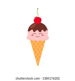 Merry cartoon icecream character with cherry on top. Vector flat illustration isolated on white background