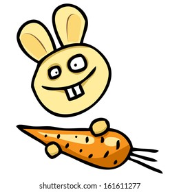 Merry cartoon rabbit with carrots. Vector illustration
