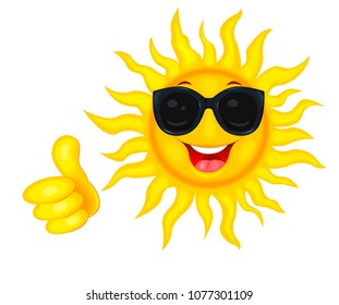 A merry cartoon sun in protective glasses from the sun. A cheerful cartoon sun on a white background. Smiling sun and hand with a finger raised up.                     