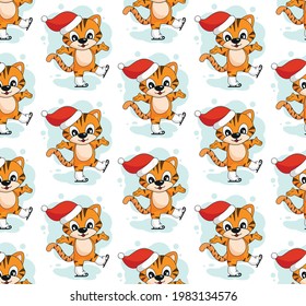 Merry cartoon tiger christmas pattern vector illustration. EPS 10