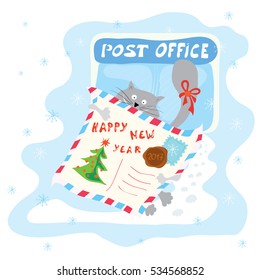 merry cat has received in the mail a letter of congratulation, during the winter holidays / happy new year